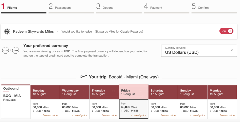 Pricing in points for Emirates First Class from Miami to Bogota